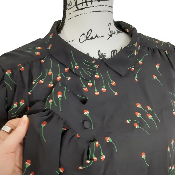 Vintage 80s Drop Waist Mini Dress Peter Pan Collar Sheer Floral Black Womens 10 - Picture 5 of 15